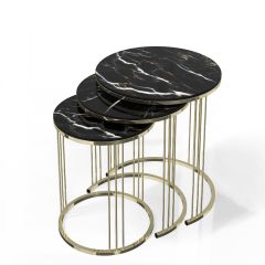 ELEANOR Round Marble Effect Nesting Tables, Black-Gold-Natural