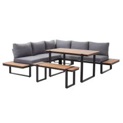 TUANA Garden Corner Sofa, Table, Bench Set, Grey-Black