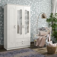 ELODIE 3 Door 2 Drawer Mirrored Wardrobe, White